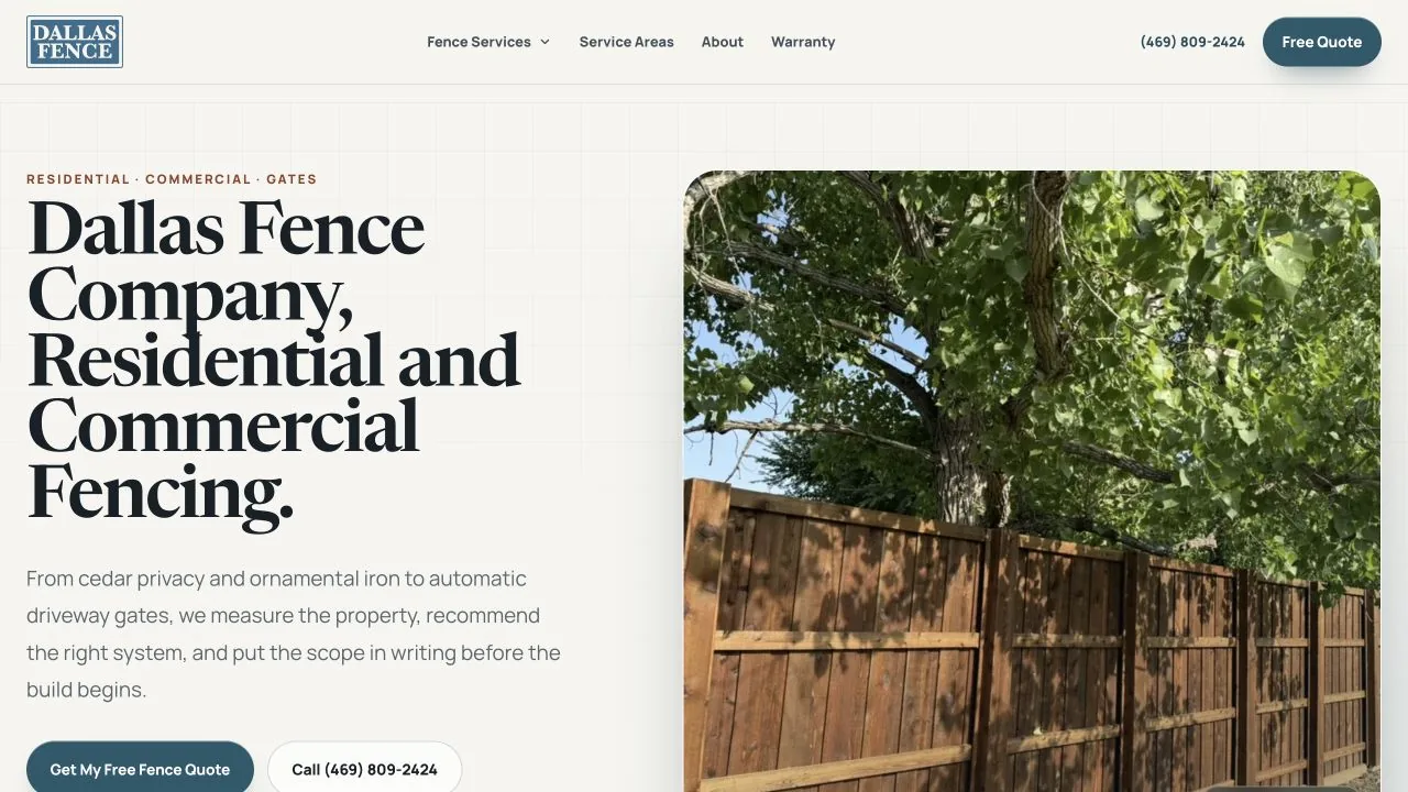 Dallas Fence homepage with its residential and commercial fencing introduction