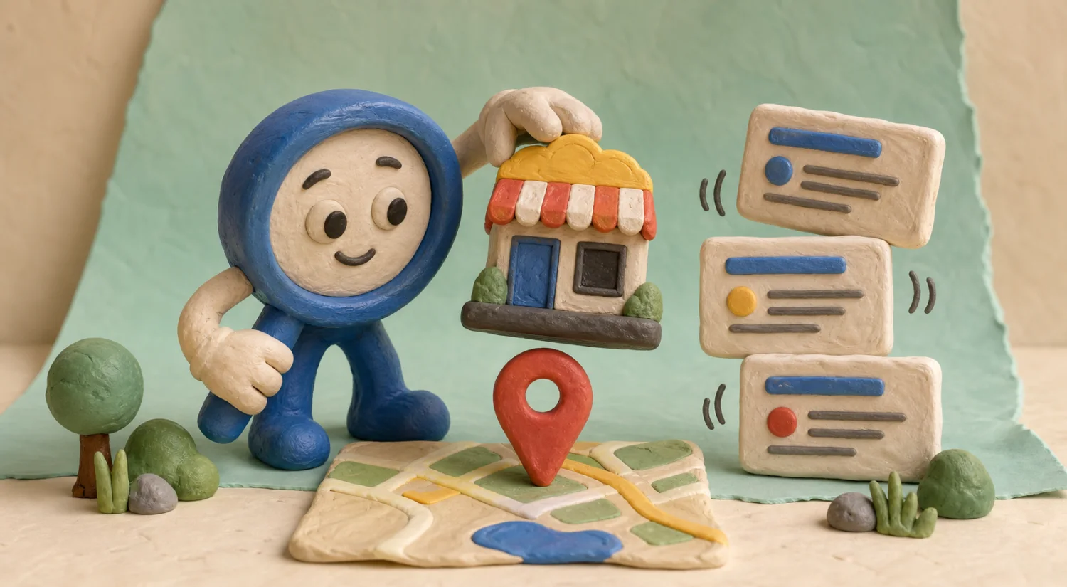 Handmade clay magnifying glass lifting a Frisco business above local search results